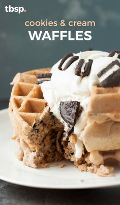 a waffle with ice cream and cookies on top is shown in this advertisement for tpsp's cookies & cream waffles