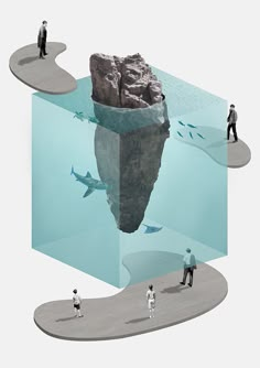 several people are standing in front of an iceberg with sharks on it and one person is looking at the shark