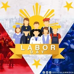 the labor day poster with workers and other people standing in front of an american flag