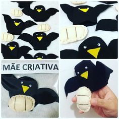 the process of making felt penguins is shown in four different stages, including one being holding an egg