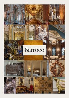 a collage of images with the words baroco in white and gold on it