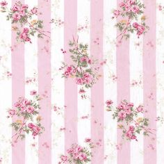 pink and white striped wallpaper with roses on it