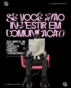 a man sitting in a pink chair reading a newspaper with the words,'voca e