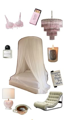 an assortment of items including a bed, chandelier, lamp and other items