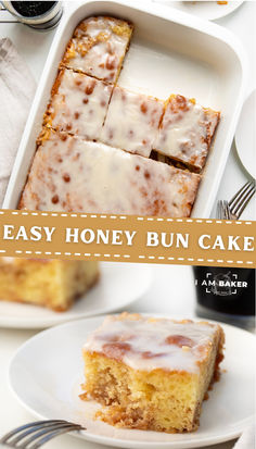 an easy honey bun cake is cut into squares and served on a plate with a fork