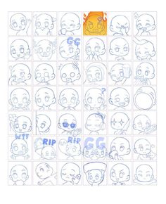 an image of various cartoon faces drawn in blue and white pencils on a sheet of paper