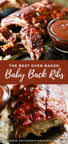 oven baked baby back ribs with drizzled bbq sauce on the side