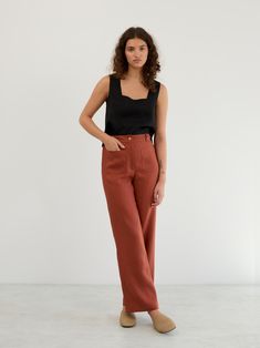 JOEL are straight-leg linen pants with a relaxed fit. They feature a button and zip closure, elastic at the back, and two large front patch pockets. DETAILS - High Waist - Straight Leg Silhouette - Two large patch pockets on the front - Elastic back waistband for comfort and fit - Button and concealed zip closure at the front COLOR - Rust (featured color) - Multiple colors available in dropdown menu above - See all color options & order fabric samples here: https://www.etsy.com/listing/586569696 Linen Straight Leg Cargo Pants For Work, Workwear Linen Straight Leg Cargo Pants, Straight Leg Linen Cargo Pants For Work, High-waisted Linen Cargo Pants, Linen Wide-leg Cargo Pants For Work, Wide-leg Linen Cargo Pants For Work, High-waisted Linen Cargo Pants For Work, Chic Wide Leg Linen Cargo Pants, High Waist Brown Linen Bottoms