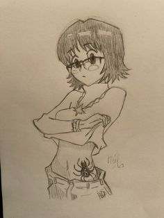 a drawing of a girl with glasses and a spider on her arm, standing in front of a sheet of paper