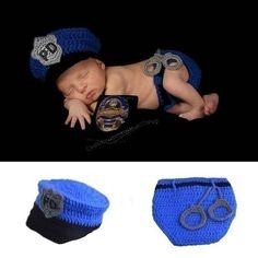 a newborn baby wearing a hat and diaper with handcuffs on it's side