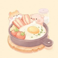 an egg, bacon, and ham in a pan on a plate with a teddy bear