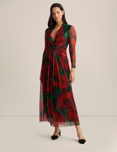 Anne Klein Titian Red Multi Twist Front Maxi Dress - Sale Print Center, Gorgeous Maxi Dresses, Mesh Maxi Dress, Maxi Dress Sale, Long Dress Casual, Plus Size Maxi Dresses, Dress Cuts, Twist Front, Rose Print