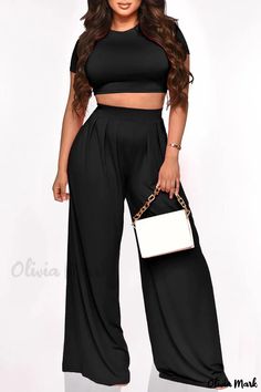 Olivia Mark - Womens Rose Red Two-Piece Set: Casual Solid Patchwork O-Neck Short Sleeve Ensemble Chic Black V-neck Sets, Black Summer Workwear Sets, Black V-neck Sets For Workwear, Black V-neck Sets For Work, Black V-neck Workwear Sets, Black Two Piece Set, Grey Two Piece, Wide Leg Pant Suit, Red Two Piece