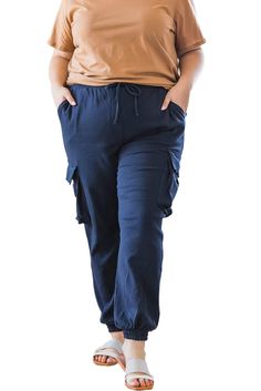 Blue Elastic Waist Side Pocket Plus Size Jogger Pants Blue Cargo Pocket Bottoms For Fall, Blue Cargo Bottoms For Fall, Casual Navy Straight Leg Cargo Pants, Fall Blue Bottoms With Cargo Pockets, Navy High Waist Casual Pants, Casual High Waist Navy Pants, Navy Relaxed Fit Sweatpants With Pockets, Casual Navy Cargo Pants With Pockets, Navy Casual Cargo Pants With Pockets