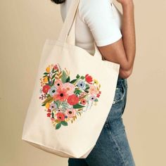 Floral Heart Canvas Tote Bag Accessories Rifle Paper Co  Paper Skyscraper Gift Shop Charlotte Painted Canvas Bags, Handpainted Tote Bags, Colorful Tote Bags, Handpainted Bags, Flowers Tote, Painted Hats, Painted Tote, Heart Canvas, Painted Bags