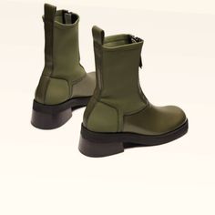 These Khaki Nappa Ankle Boots Feature A Chunky Heel, A Pull Tab At The Rear And A Round Toe. The Stretch Fabric And Front Zip Means They’re Not Just For Hiking. We Prefer To Unzip Them Slowly. Heel Height 5.5cm. This Style Is True To Size. We Recommend Selecting Your Standard European Size. Designed In London | Made In Portugal Upper Material: Calf Leather Lining Material: Pig Leather Rubber Outsole New With Tag. Never Worn. Authentic % Eu 38 / Us 7.5 Olive Round Toe Boots For Fall, Olive Leather Boots For Fall, Fall Olive Leather Boots, Khaki Boots, Free People Boots, Stacked Heel Boots, Tan Boots, Chelsea Ankle Boots, Shearling Boots