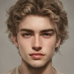 a young man with curly hair is looking at the camera while wearing a tan shirt