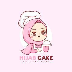 a cartoon character holding a cake on top of a pink background with the words hijab cake