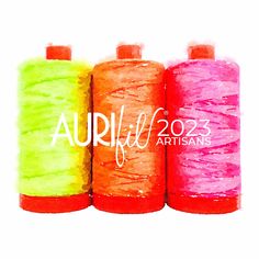 three spools of thread in different colors on a white background with the words auril 205