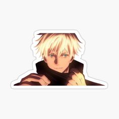 an anime character with blonde hair and blue eyes, wearing a black coat sticker