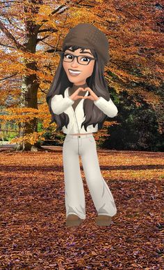 an animated woman standing in the leaves with her hands on her chest and wearing glasses