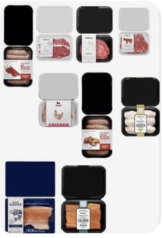 an assortment of meats and sausages are shown in the image with labels on them