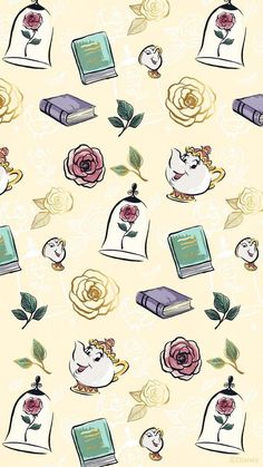 an image of the beauty and the beast wallpaper pattern with books, roses, and rings