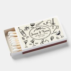 an open matchbox with matches in it on a white surface, containing the words james & fanny