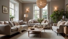 a living room filled with furniture and a large window covered in light colored pillows on top of a white rug