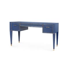 a blue desk with two drawers and gold trimmings on the top, against a white background