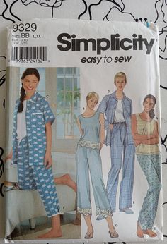 Simplicity 9329, Womens PJ's pattern, 8 styles, including stretch knit designs. Sizes 18-24 (BB). Ca. 2008. Pattern is uncut, unused and factory folded, pattern is in good condition for age. Envelope has some wear and tear from age, and discoloration, pattern is uneffected. Sold AS-IS. If you love vintage and retro sewing patterns, visit my shop at https://www.etsy.com/shop/LaMeresValise                                                                  New inventory added weekly! Pj Sewing Pattern, Sewing Pajamas, Retro Sewing Patterns, Womens Pjs, Pants Sewing Pattern, Pajama Pant