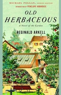 the cover of an old herbeon's book, with a man tending to his garden