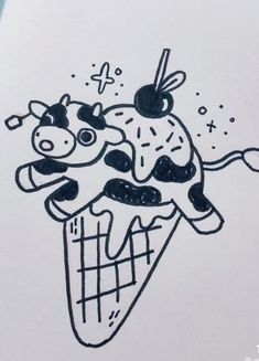 a drawing of a cow in an ice cream cone