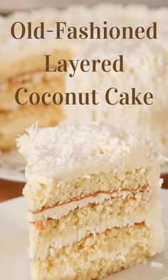 an old - fashioned layered coconut cake on a plate