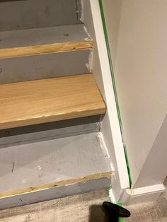 a cat is sitting on the floor next to some stairs that have been stripped off