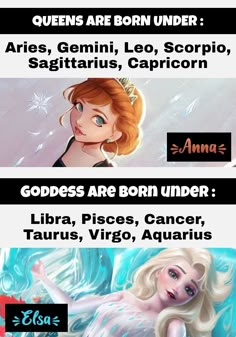 an image of two mermaids in the water with captioning below them that says queen are born under aries, genni, leo, sagitria, sagitarius, capric,