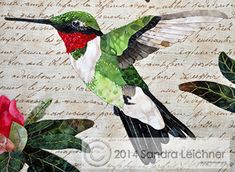 a painting of a hummingbird with red flowers and leaves on it's back