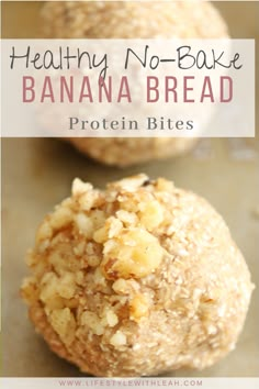 banana bread protein bites on a baking sheet with text overlay that reads, bananas bread protein bites