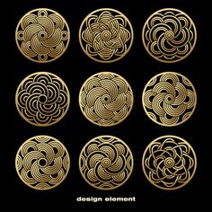 set of nine golden circular designs on black background