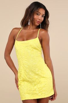 Your flirtiest heels have been begging to be paired with the Lulus Lively Sweetheart Yellow Mesh Embroidered Lace-Up Mini Dress! Sweet floral embroidery adorns sheer mesh knit as it shapes a flattering scoop neckline supported by slender straps that lace up across the open back. The princess-seamed bodice continues into a figure-skimming bodycon silhouette that finishes with a cute mini hem. Hidden back zipper/clasp. Fit: This garment fits true to size. Length: Mid-thigh. Size medium measures 26 Glamorous Embroidered Summer Dresses, Embroidered Mini Dress For Party, Summer Party Embroidered Mini Dress, Wedding Mini Dress With Floral Embroidery, Embroidered Fitted Mini Dress With Spaghetti Straps, Flirty Embellished Spring Dresses, Yellow Mini Dress For Spring Wedding, Spring Wedding Yellow Mini Dress, Flirty Embellished Summer Dresses