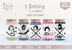 five glass jars with different designs on them and the words 5 desing is displayed