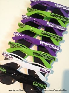 the bridesmaid sunglasses are stacked on top of each other and have different colors