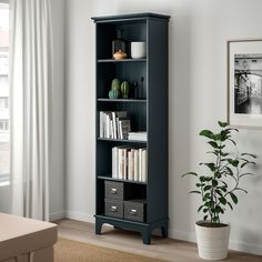 a tall bookcase with many books on it next to a potted plant and window