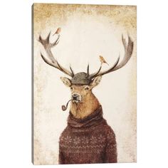 a painting of a deer with antlers on it's head and a pipe in its mouth