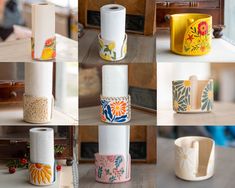 many different types of toilet paper on the table and in front of them are decorated with flowers