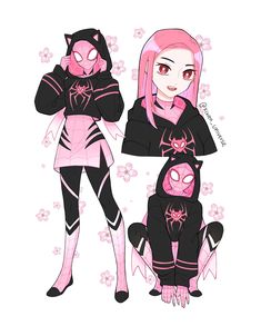 two cartoon characters with pink hair and black clothes, one is holding her hands on her chest