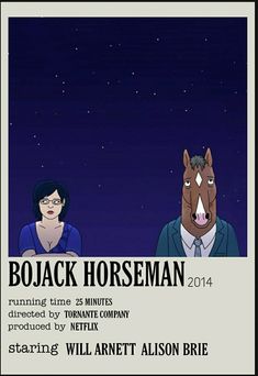 an advertisement for bojack horseman with two people and a horse in the background