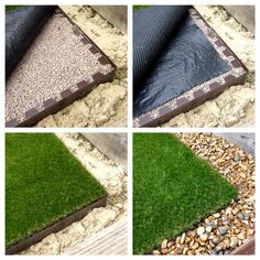 four pictures of different types of artificial grass and gravel in various stages of being laid on top of each other