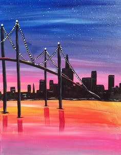 an acrylic painting of a cityscape with lights in the sky and water