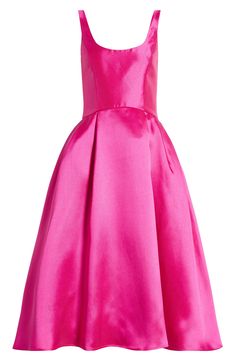 Godets along the skirt give dramatic flare to this mikado midi boasting pretty princess seams. 48" length (size 8) Scoop neck Partially lined 100% polyester Dry clean Imported Black Owned/Founded Pink A-line Dress For Formal Occasions, Formal Pink A-line Dress, Spring Satin Dress With Flared Skirt, Feminine Formal Dress With Flared Skirt, Formal Feminine Dress With Flared Skirt, Formal Flared Skirt Feminine Dress, Evening A-line Midi Dress With Box Pleat, A-line Midi Dress With Box Pleat For Cocktail, Cocktail A-line Midi Dress With Box Pleat